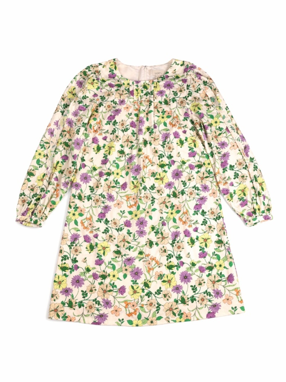 LOFT Floral Linen Blend Shift Dress Size 8 Long Sleeve Cottagecore